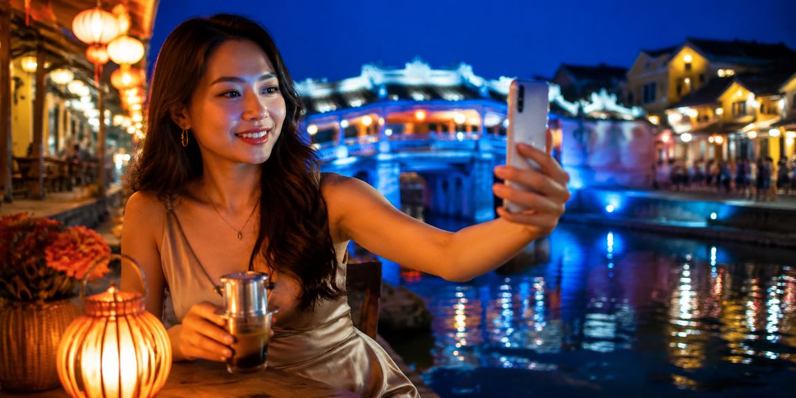 Người dùng sử dụng casino di động tại quán cà phê Hội An